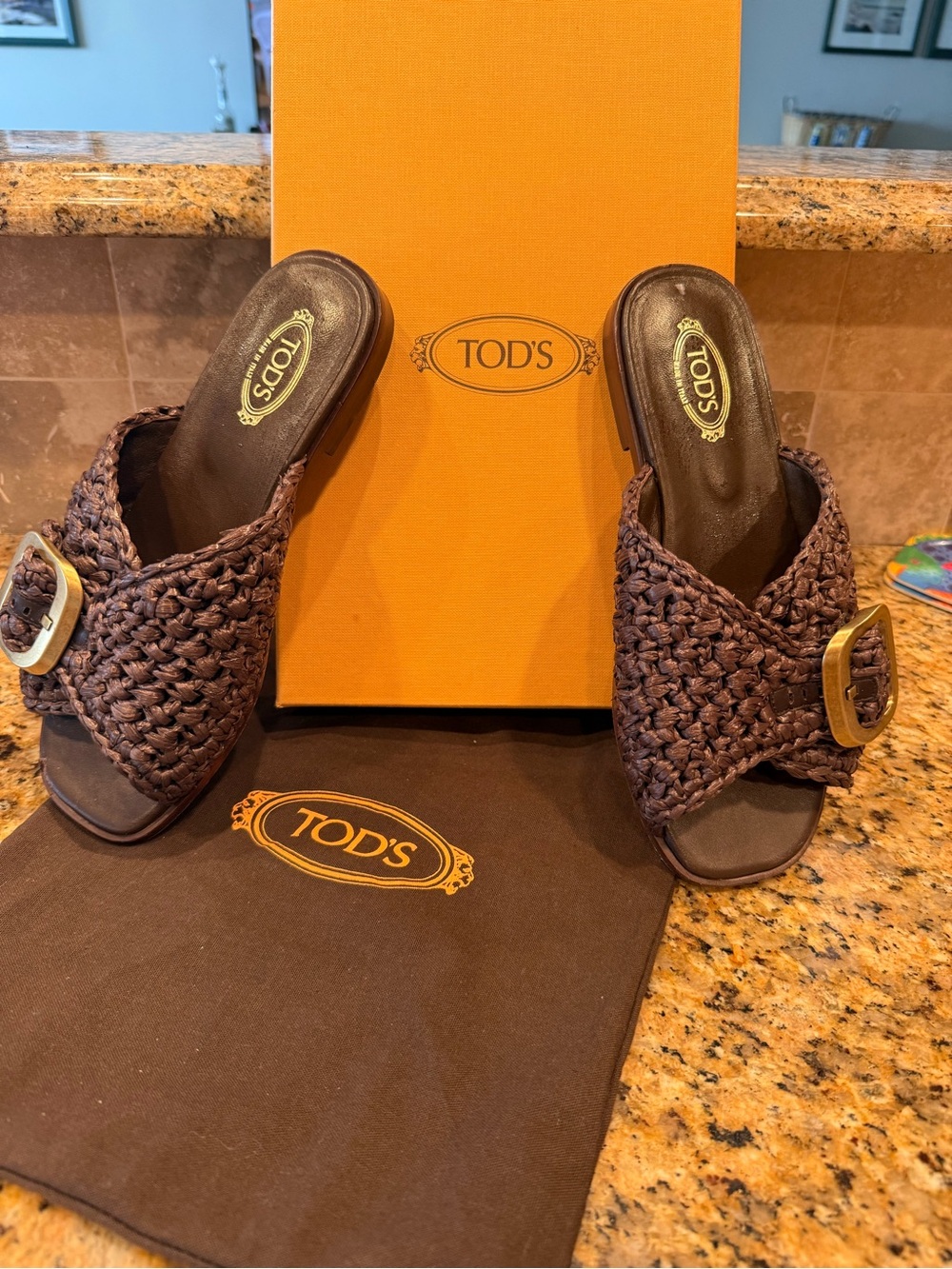 TOD'S Brown Woven Raffia  & Leather Slide Mules with Gold Buckle